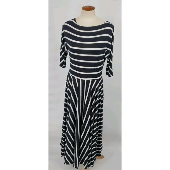 Alembika Black White Stripe 3/4 Sleeve Stretch Fit Flare Dress Midi Size 1 (6-8)